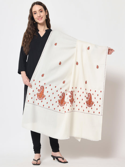 Fine Embroidery Paper Mache Kashmiri Wool Shawl | White