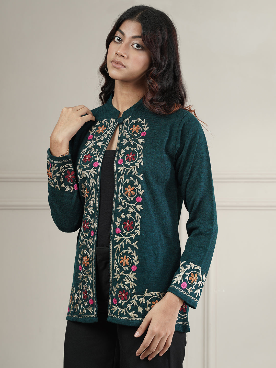 Knitted Short Shrug with Aari Embroidery | Teal