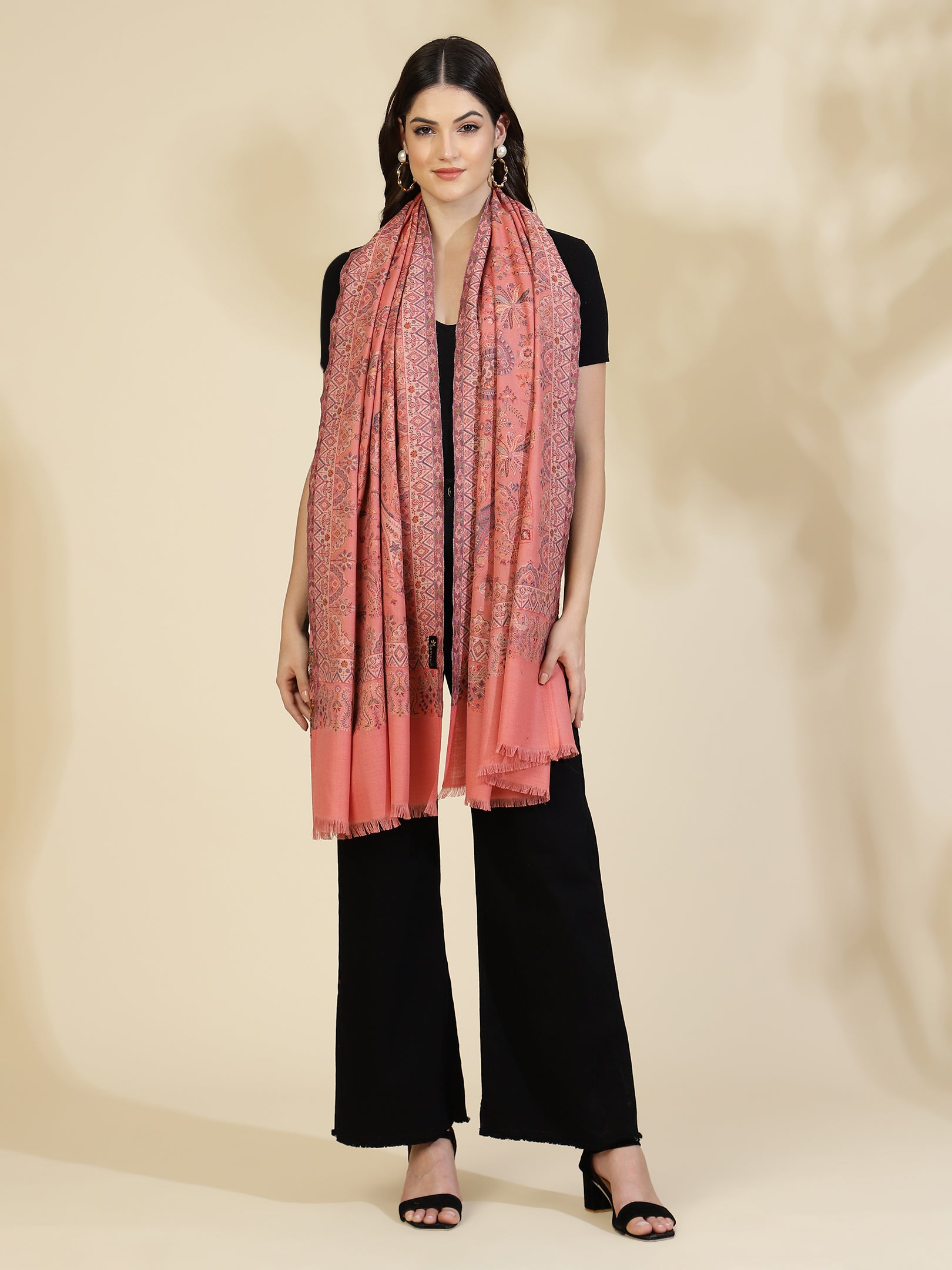 Kani Paisley Weave Pure Wool Shawl For Women | Peach