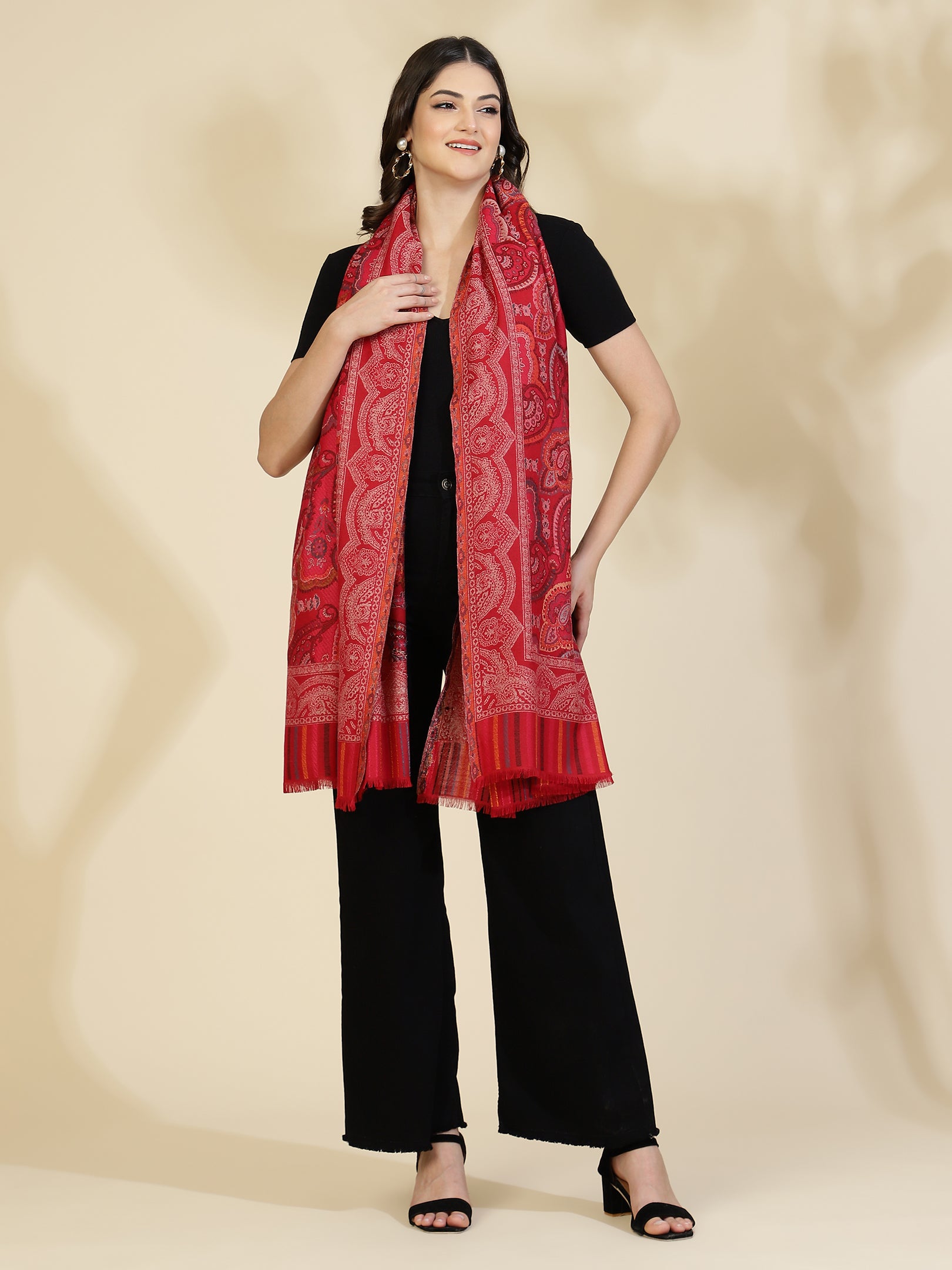 Kani Paisley Weave Pure Wool Shawl For Women | Maroon