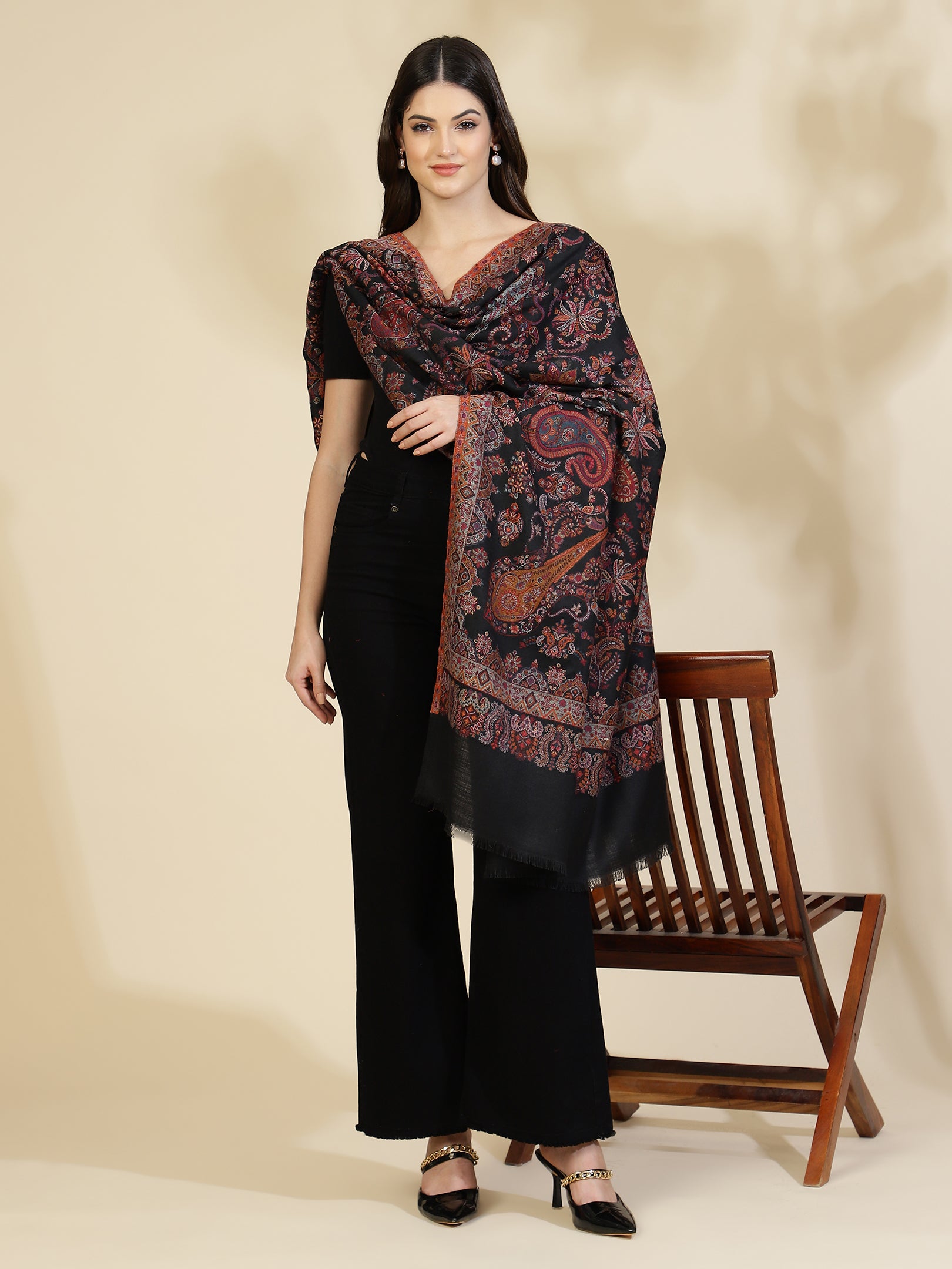 Kani Paisley Weave Pure Wool Shawl For Women | Black