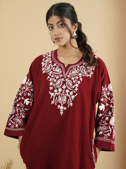 Floral Paisley Aari Embroidery Kashmiri Pheran | Maroon