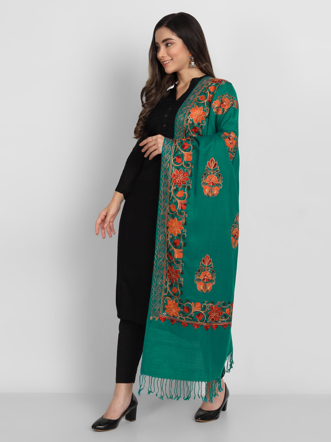 Women Aari Embroidered Stole | Seagreen