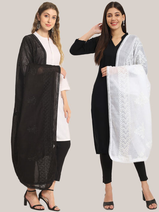 Pair of 2 Pure Cotton Embroidered Dupatta for Women | Black and White