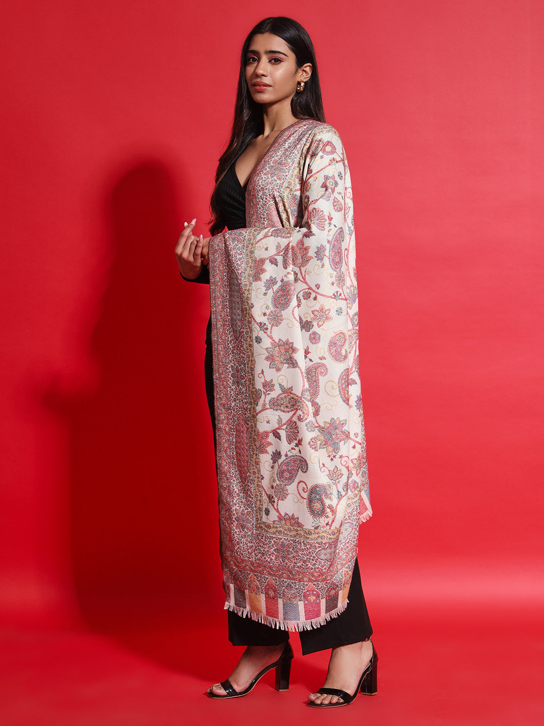 Kani Pure Wool Shawl for Women with Paisley Jaal Pattern | White