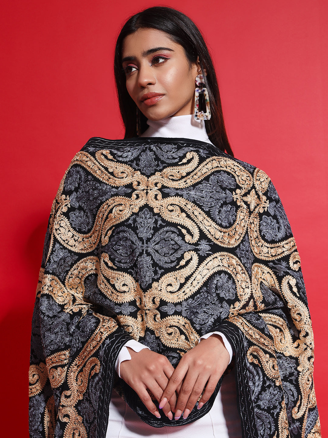 Woollen Pashmina Feel Stole in Silk Embroidery for Women | Black