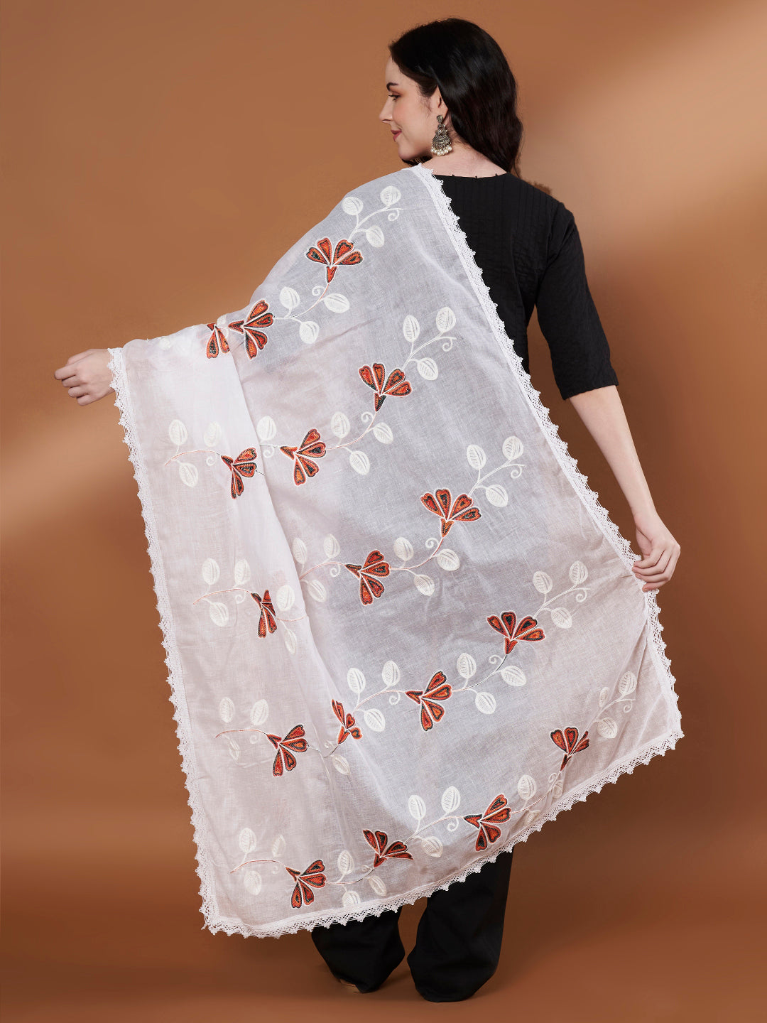 Colorful Embroidery Pure Cotton Dupatta for Women | White