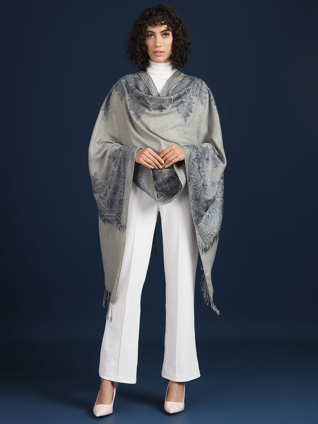 Woollen Pashmina Feel Stole in Silk Embroidery for Women | Grey