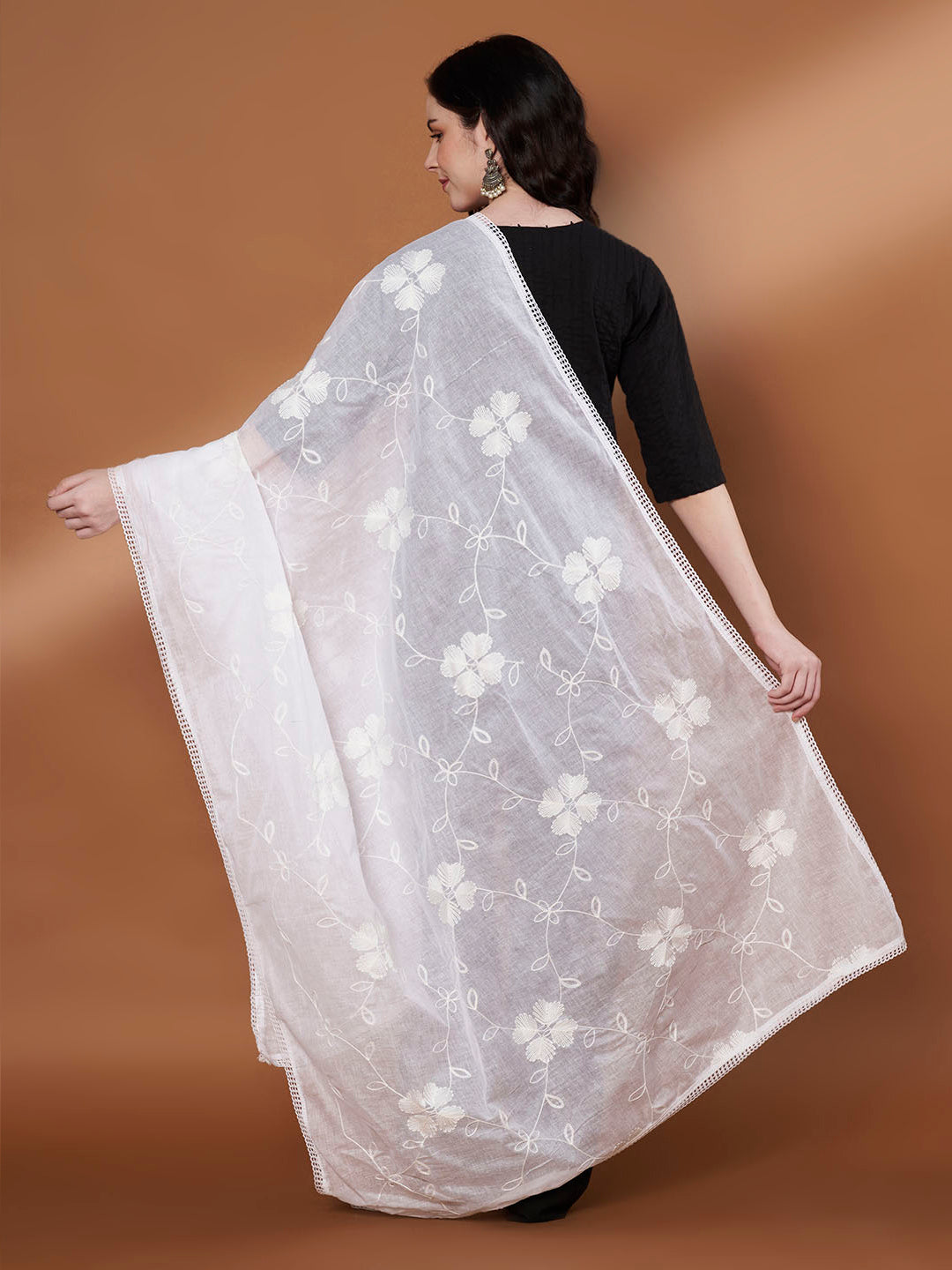 Floral Self Embroidery Cotton Dupatta for Women | White