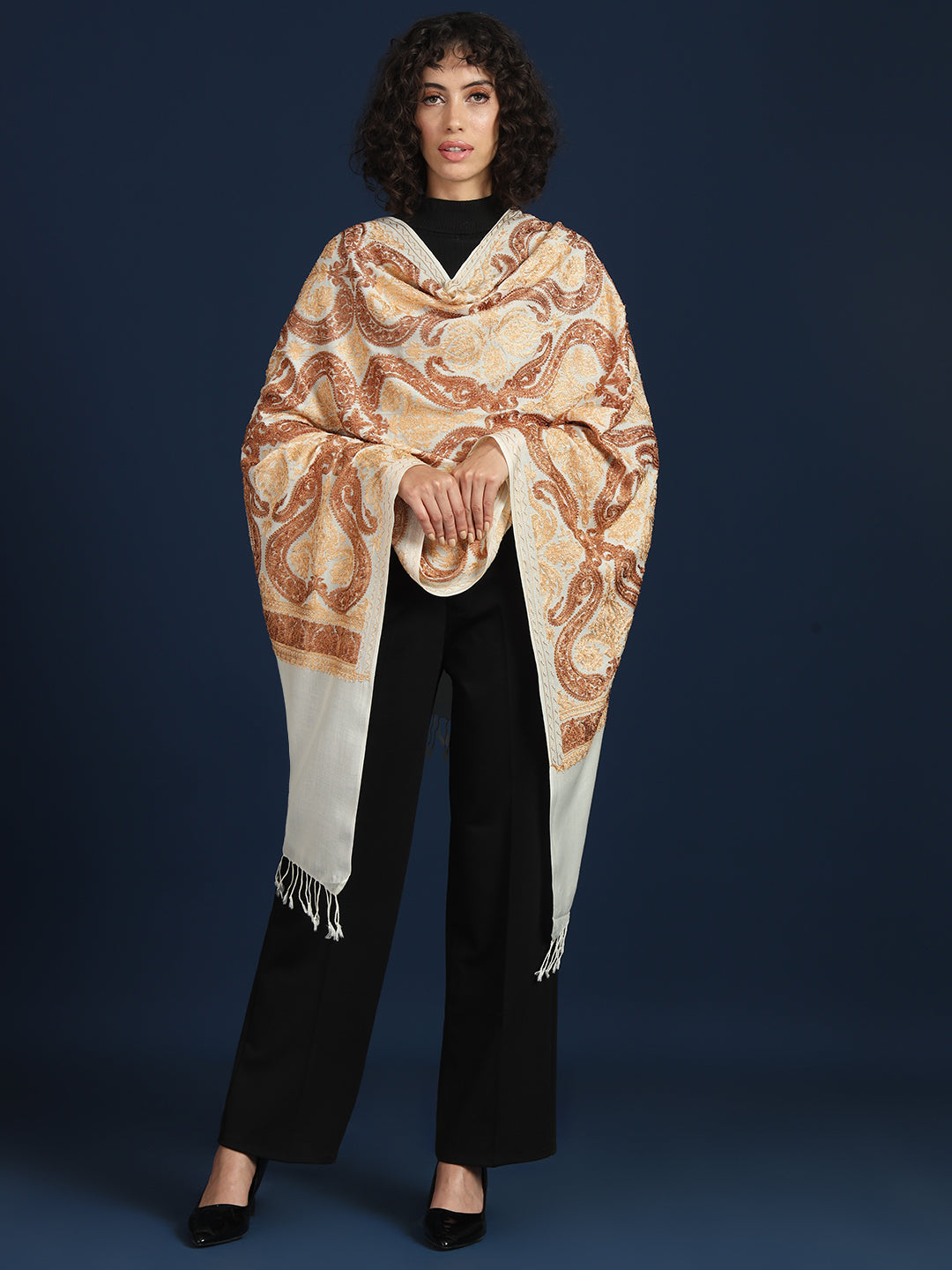 Woollen Pashmina Feel Stole in Silk Embroidery for Women | White