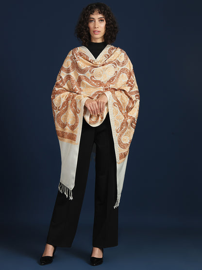 Woollen Pashmina Feel Stole in Silk Embroidery for Women | White