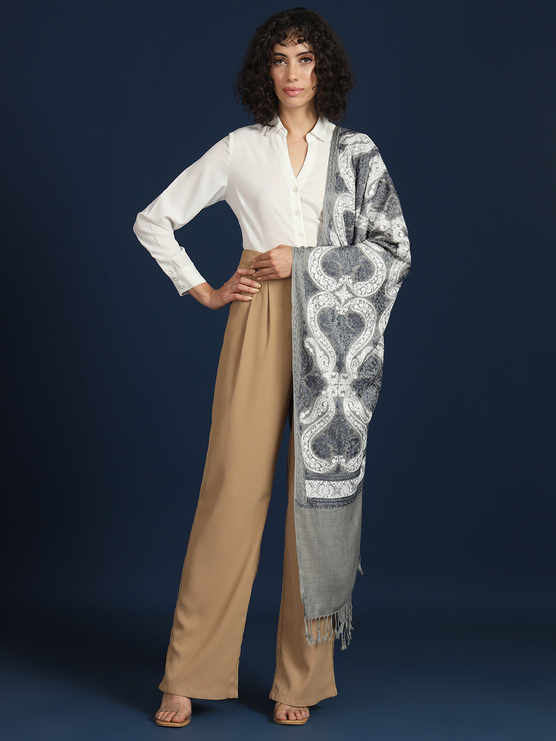 Woollen Pashmina Feel Stole in Silk Embroidery for Women | Grey