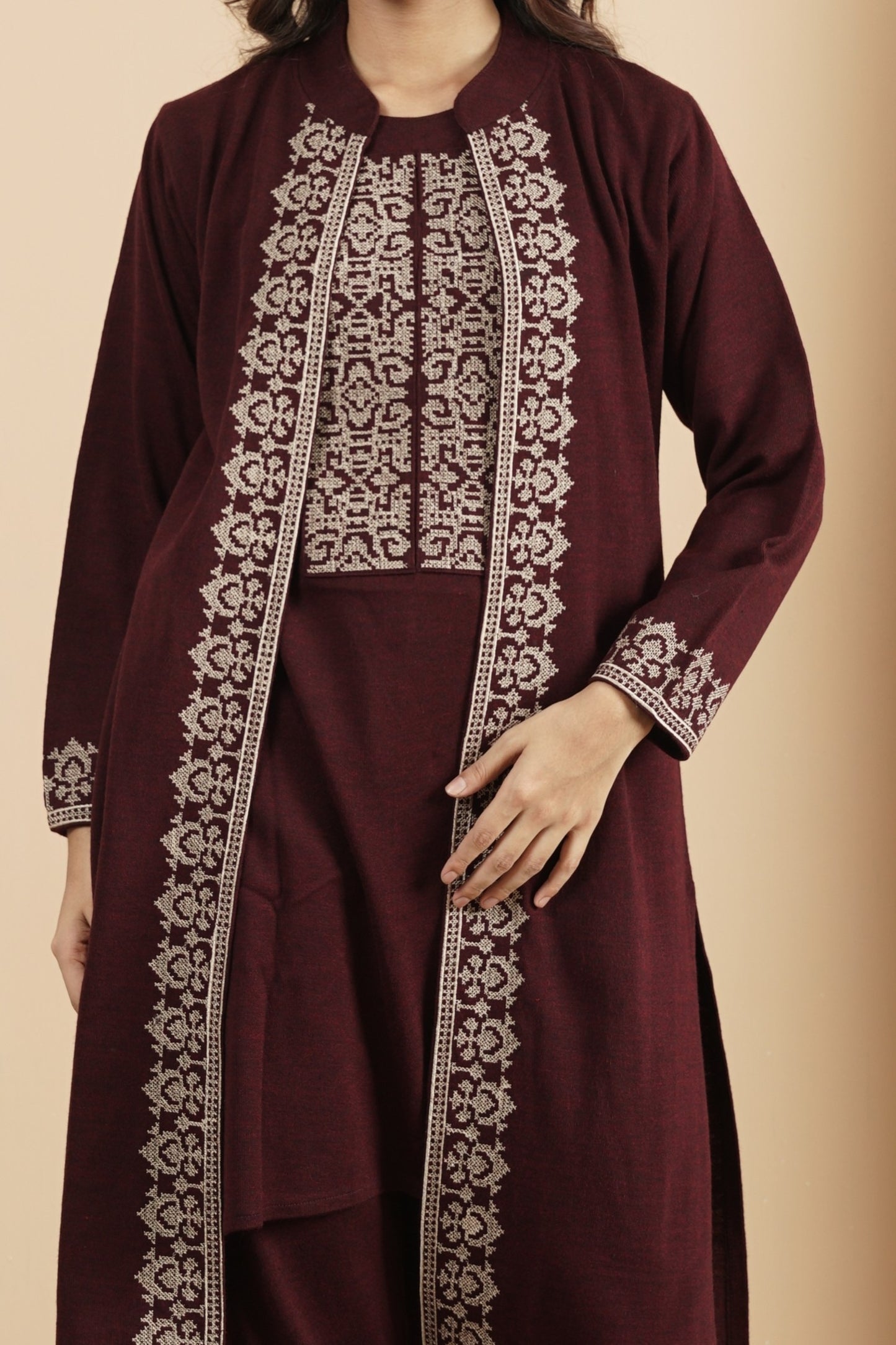 Three-Piece Woolen Knitted Coord Set | Maroon