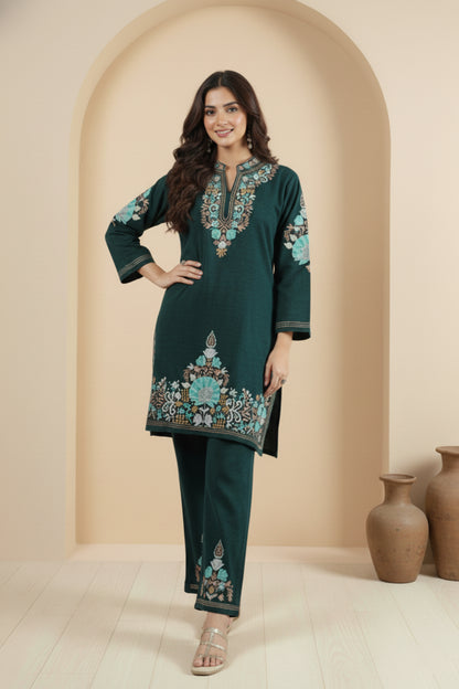 Floral Knitted Aari Embroidery Coord Set | Teal