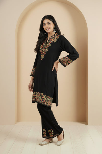 Floral Knitted Aari Embroidery Coord Set | Black