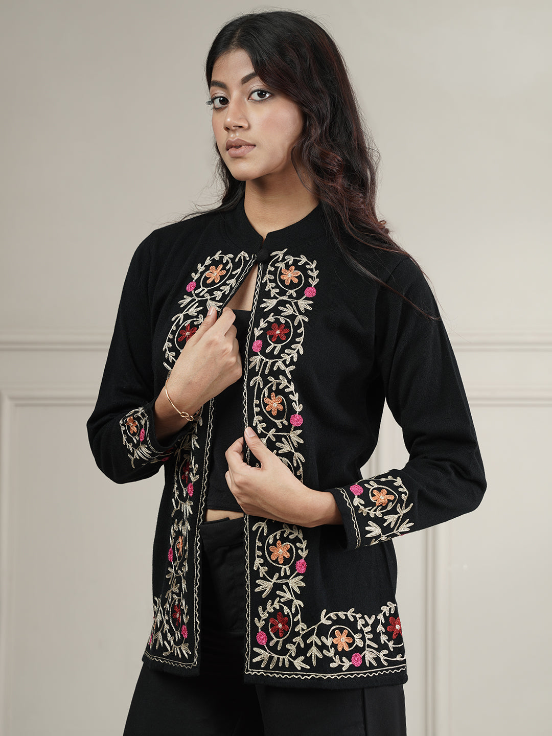 Knitted Short Shrug with Aari Embroidery | Black