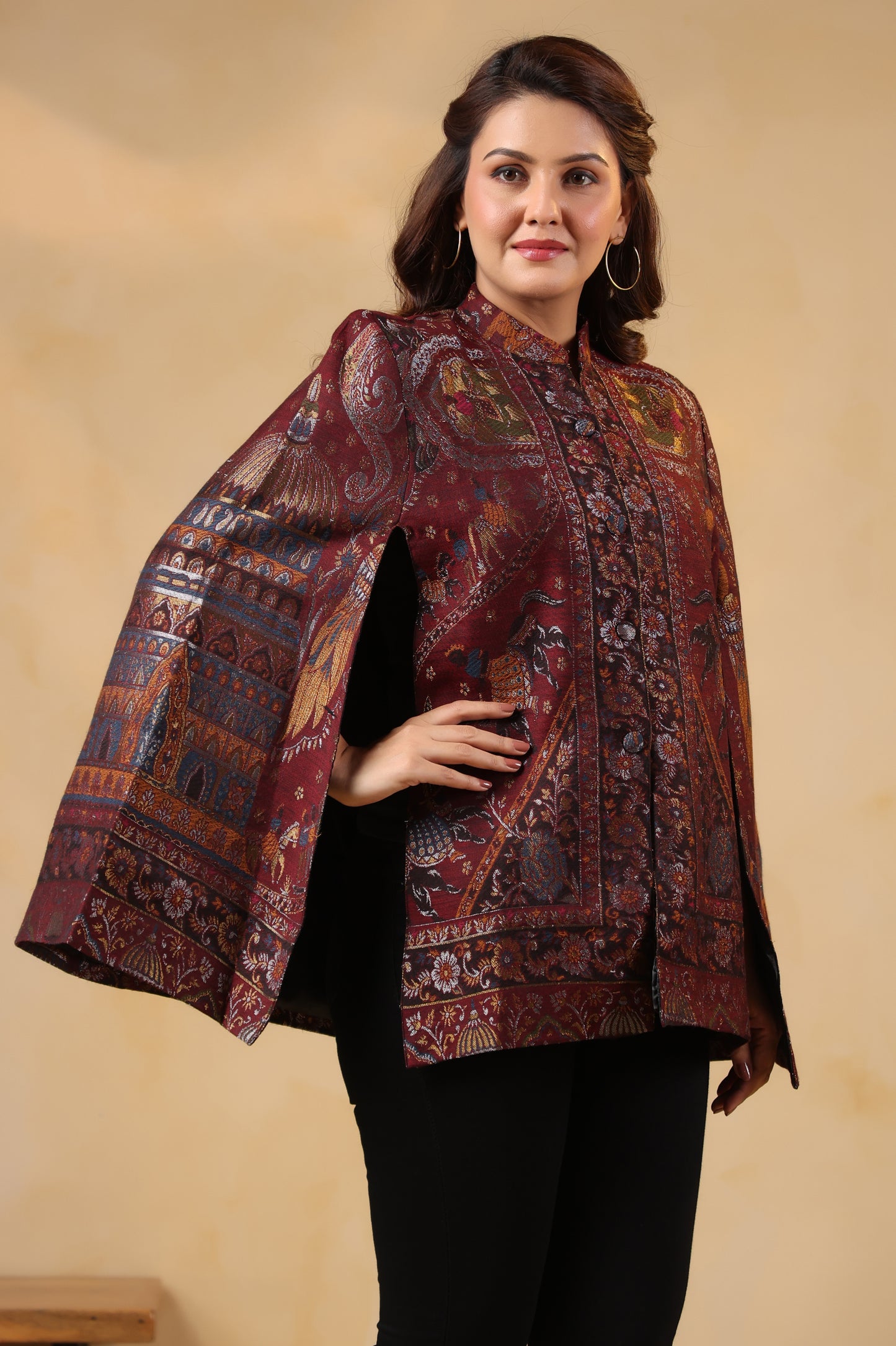 Women Woven Zari Darbar Royal Woollen Luxury Cape Jacket | Wine
