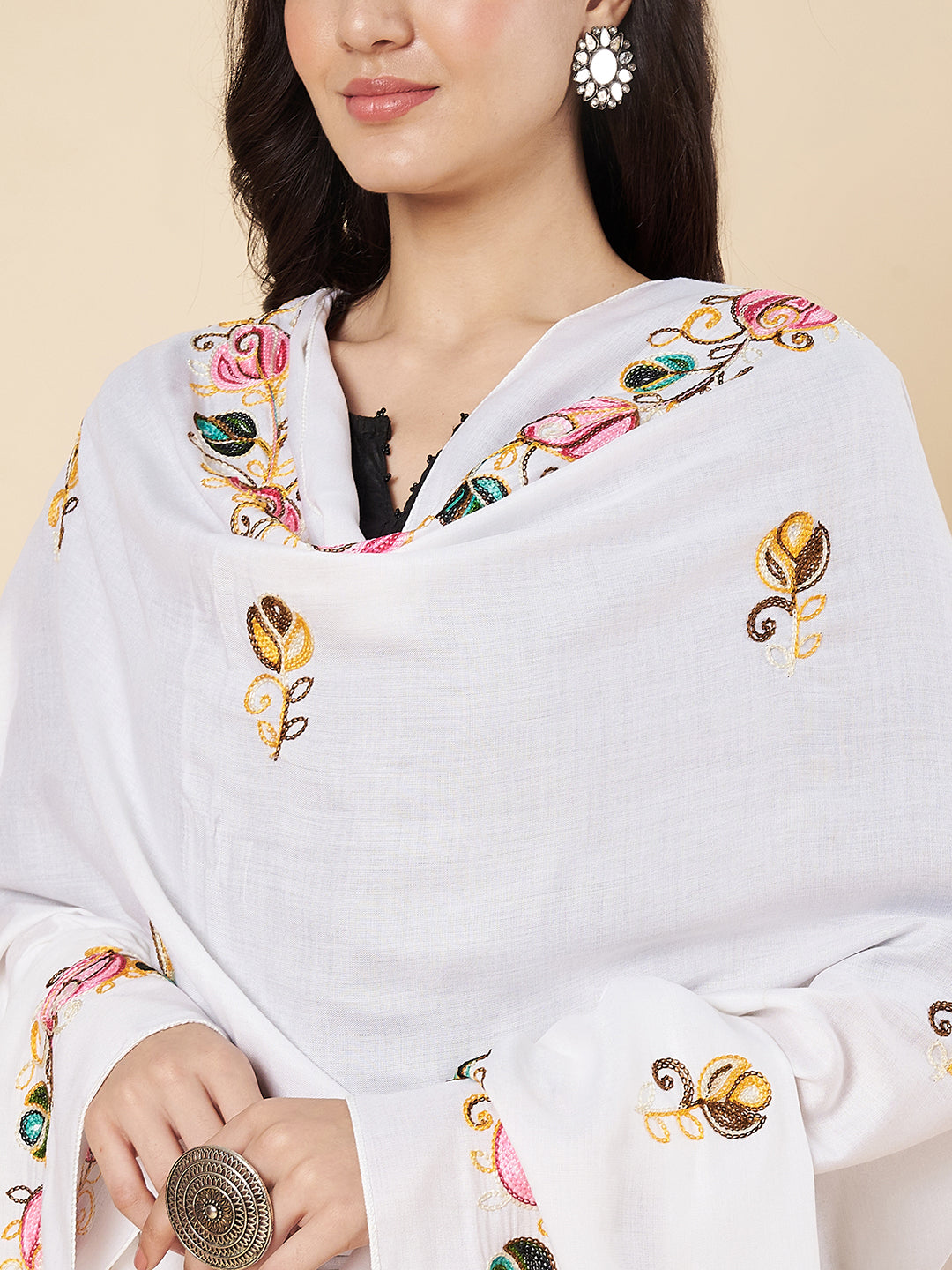 Floral Embroidered Rayon Dupatta for Women | White