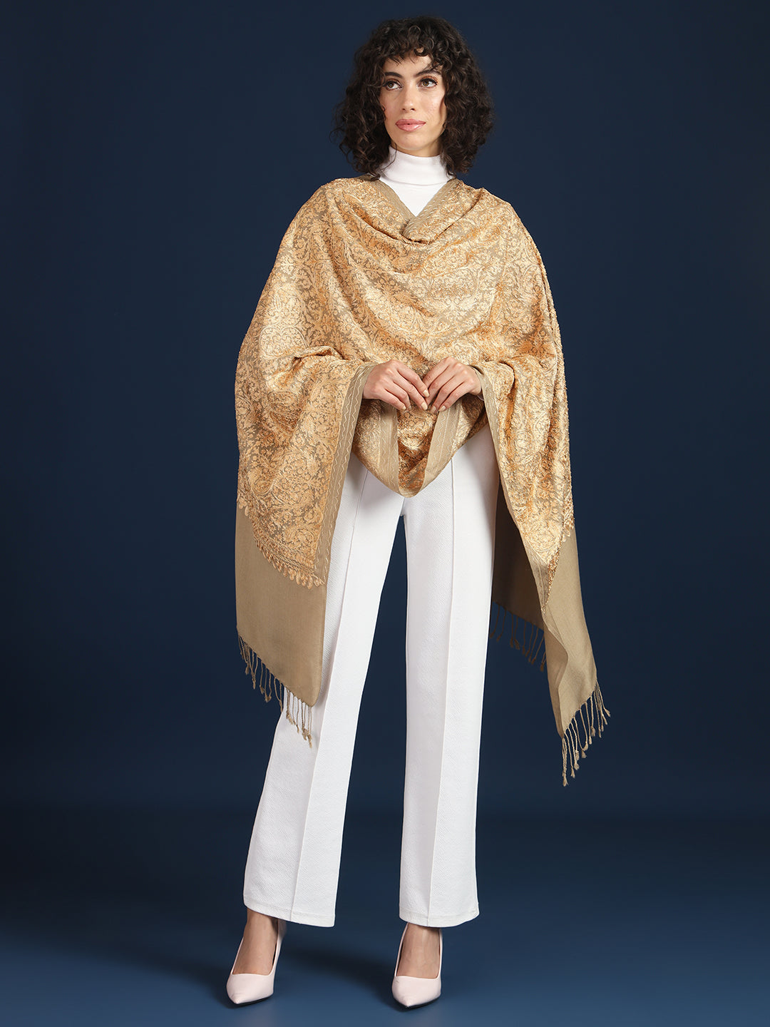 Woollen Pashmina Feel Stole in Silk Embroidery Dense Jaal for Women | Brown