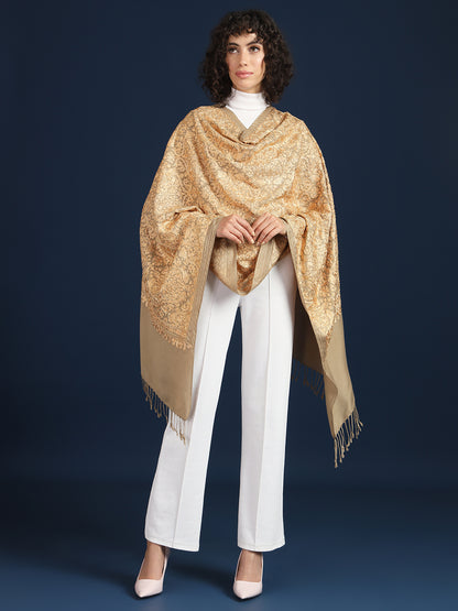 Woollen Pashmina Feel Stole in Silk Embroidery Dense Jaal for Women | Brown