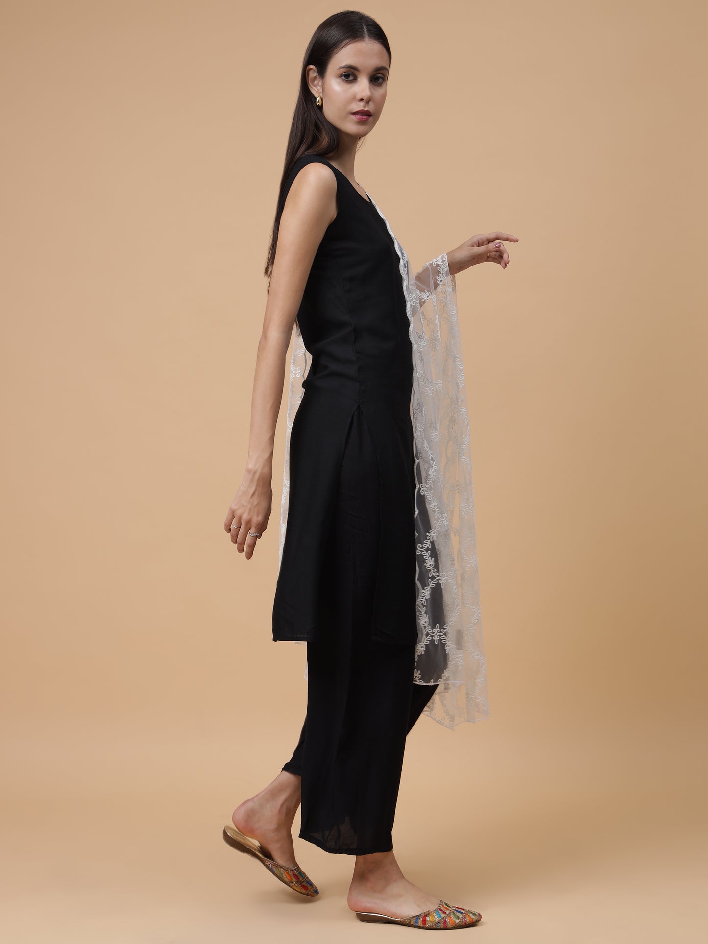 Embroidered Net Dupatta for Women | White