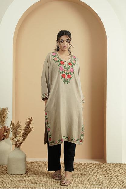 Floral Paisley Aari Embroidery Kashmiri Pheran | Beige