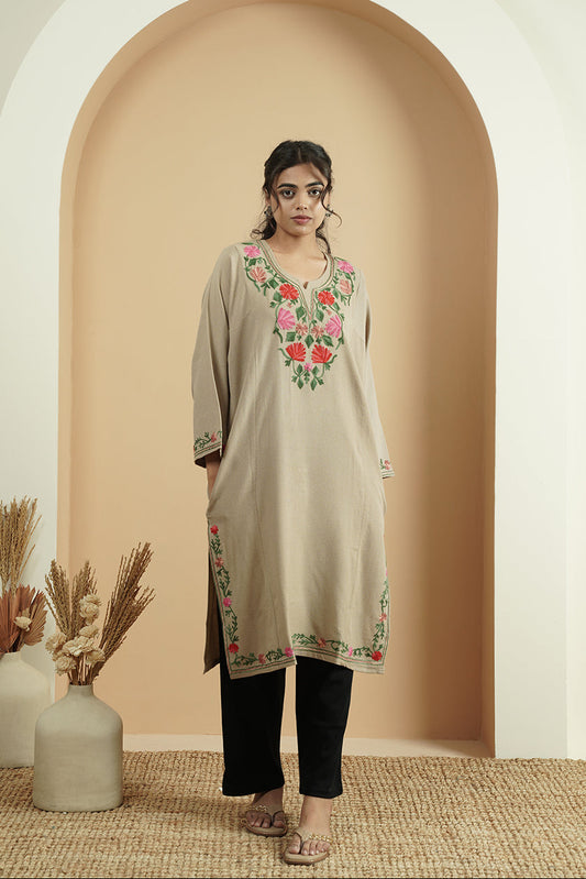 Floral Paisley Aari Embroidery Kashmiri Pheran | Beige