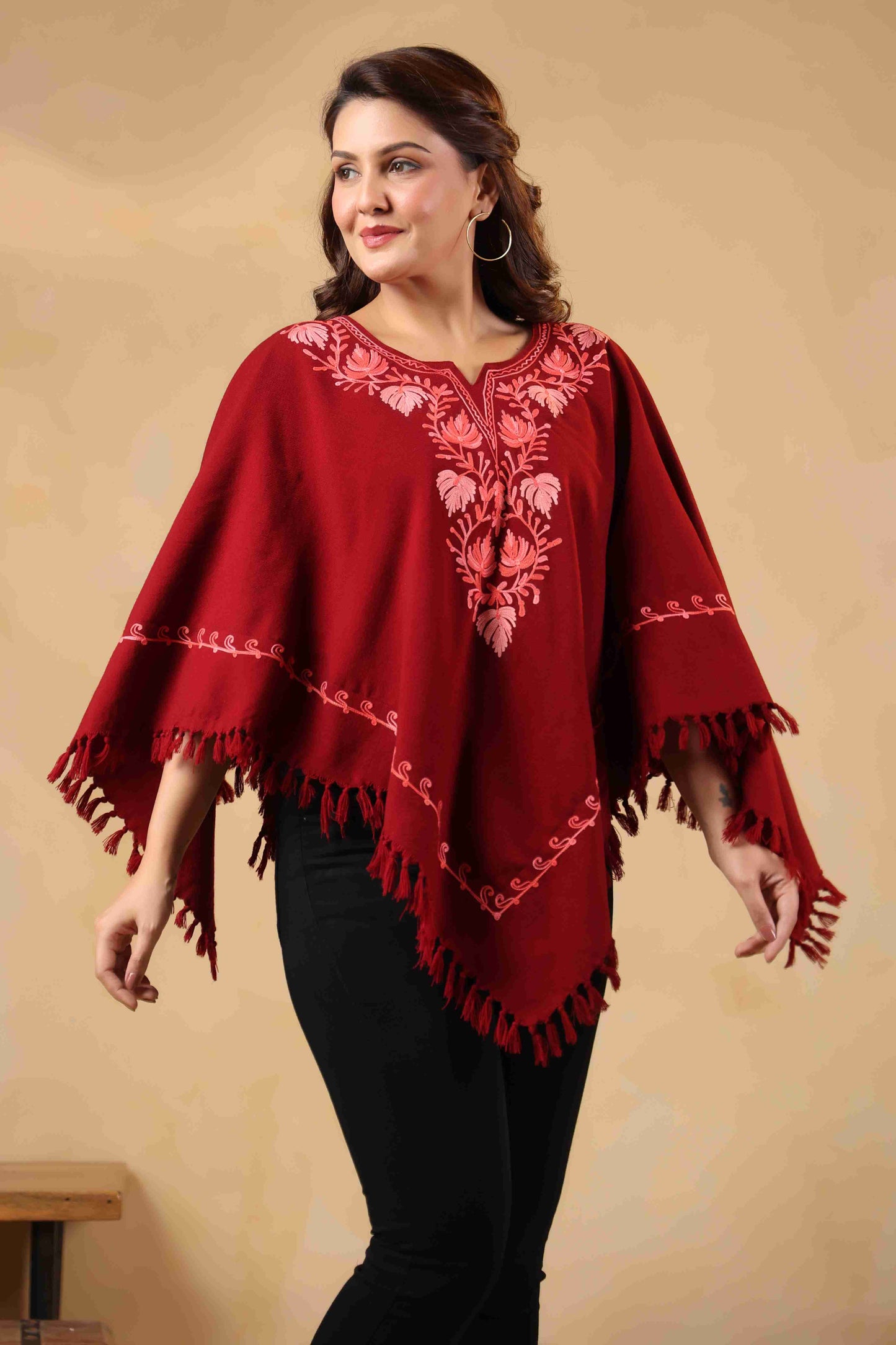 Woollen Poncho Top with Kashmiri Chinar Neck Hand Embroidery  and Inner Lining | Maroon