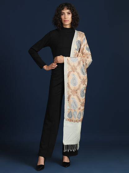 Woollen Pashmina Feel Royal Stole in Silk Embroidery Dense Jaal for Women | White
