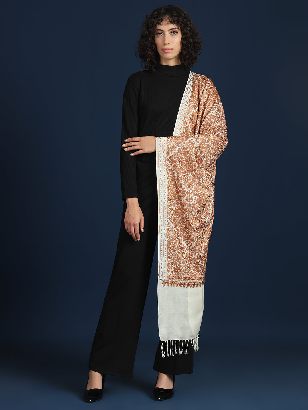Woollen Pashmina Feel Stole in Silk Embroidery Dense Jaal for Women | White 2