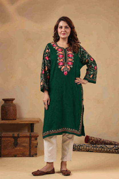 Multicolor Aari Embroidery Kashmiri Pheran | Bottle Green