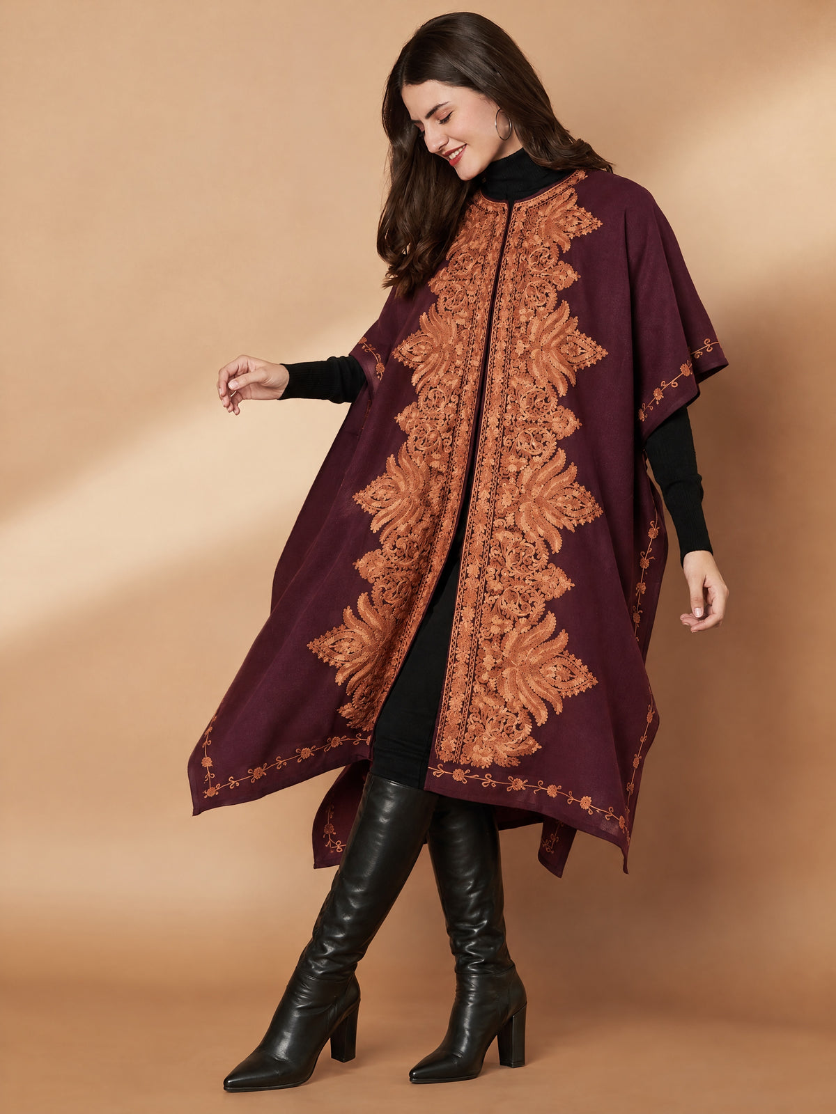 Floral Aari Embroidery Wine Pheran Shrug