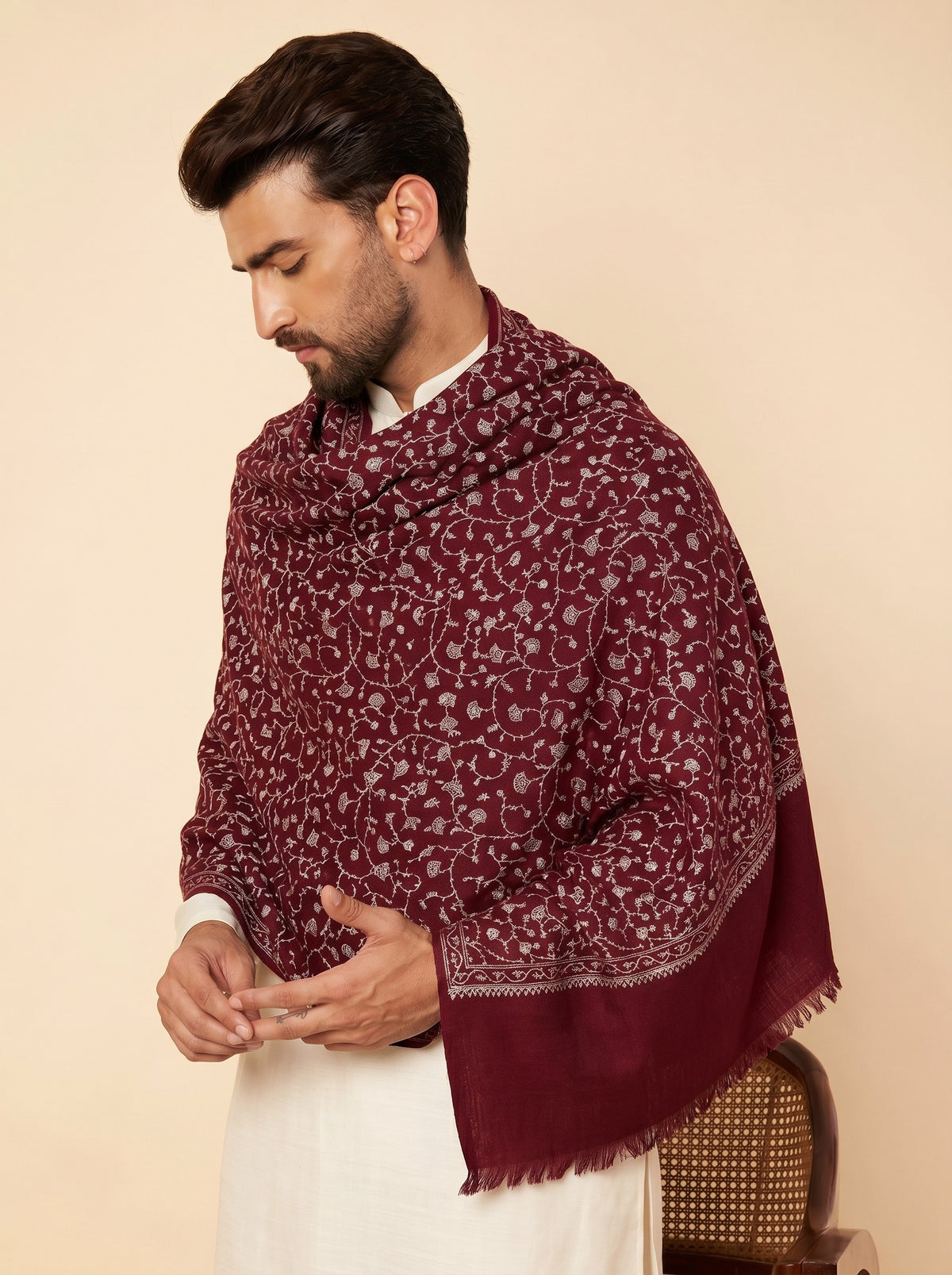 Fine Sozni Jaal Embroidery Kashmiri Wool Shawl for Men | Maroon - photo 1