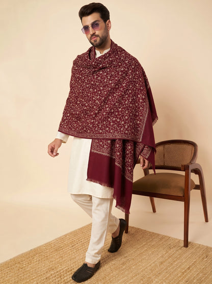 Fine Sozni Jaal Embroidery Kashmiri Wool Shawl for Men | Maroon - photo 3