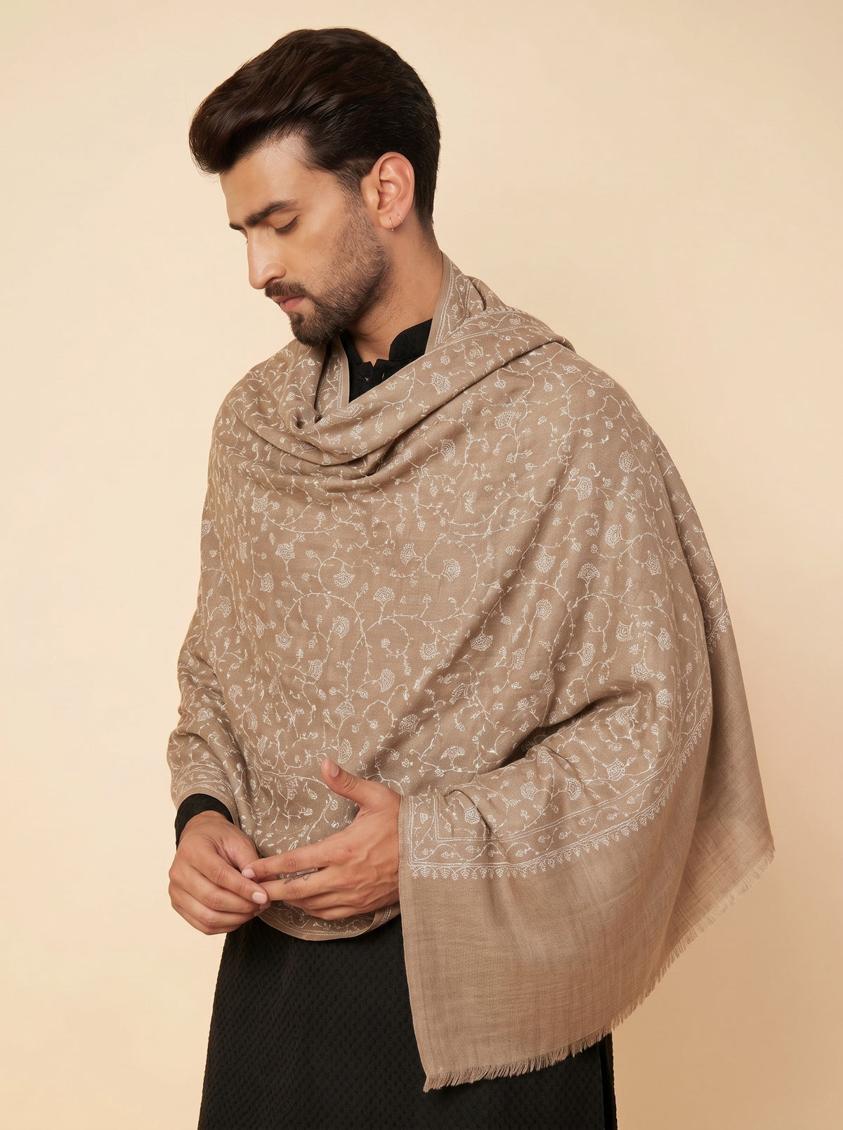Fine Sozni Jaal Embroidery Kashmiri Wool Shawl for Men | Brown - photo 1