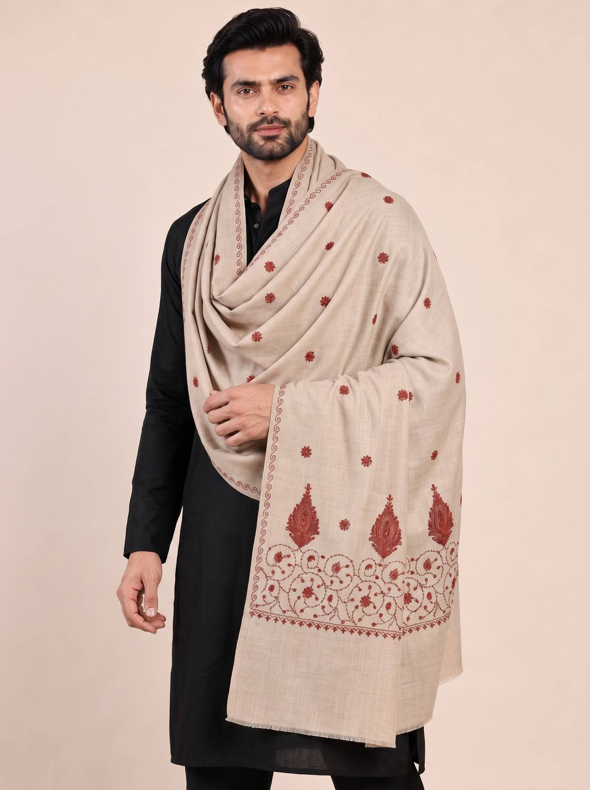 Fine Embroidery Paper Mache Kashmiri Wool Shawl for Men | Cream - photo 1