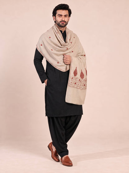 Fine Embroidery Paper Mache Kashmiri Wool Shawl for Men | Cream - photo 2