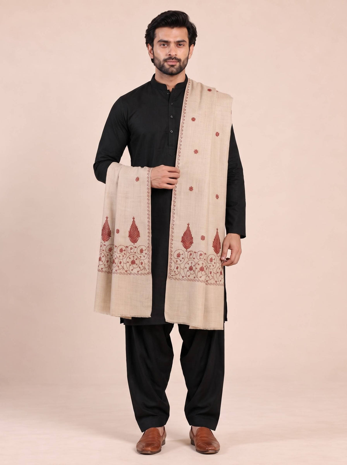 Fine Embroidery Paper Mache Kashmiri Wool Shawl for Men | Cream - photo 3