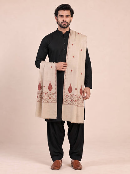 Fine Embroidery Paper Mache Kashmiri Wool Shawl for Men | Cream - photo 3