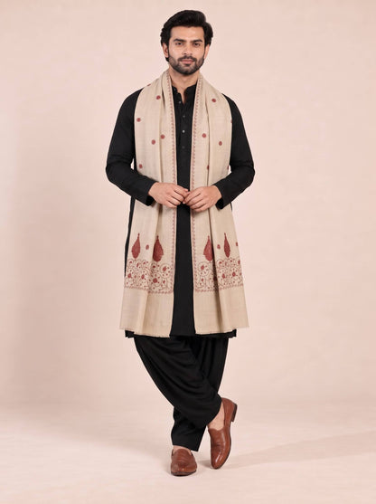 Fine Embroidery Paper Mache Kashmiri Wool Shawl for Men | Cream - photo 4