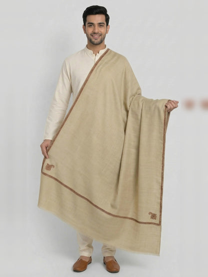 Traditional Wool Shawl for Men with Fine Needle Kashmiri Border | Beige - photo 1