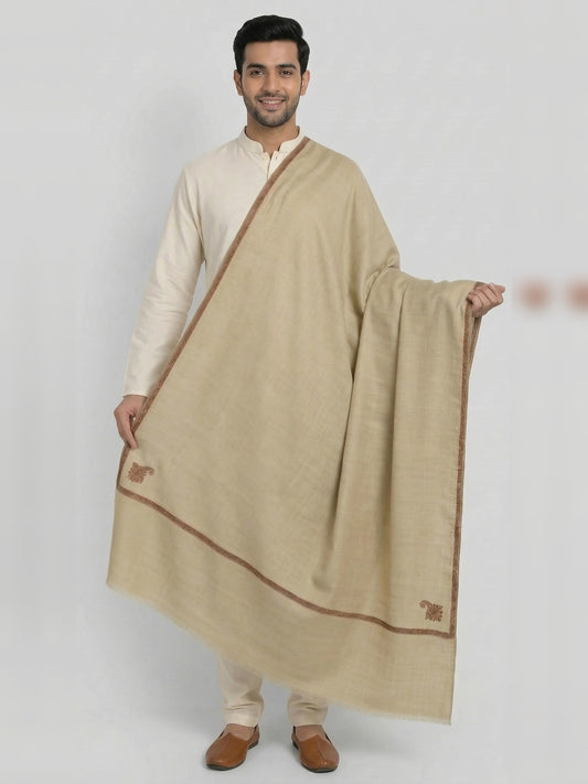 Traditional Wool Shawl for Men with Fine Needle Kashmiri Border | Beige - photo 1