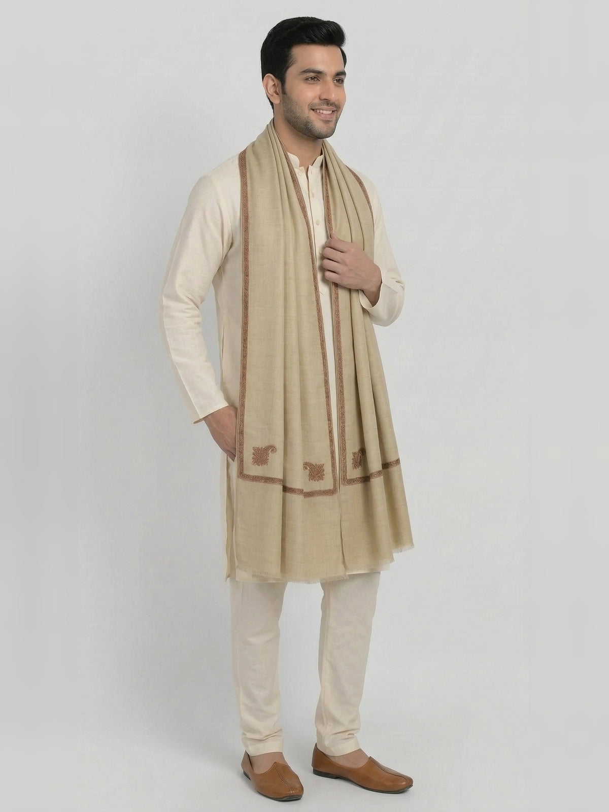 Traditional Wool Shawl for Men with Fine Needle Kashmiri Border | Beige - photo 2
