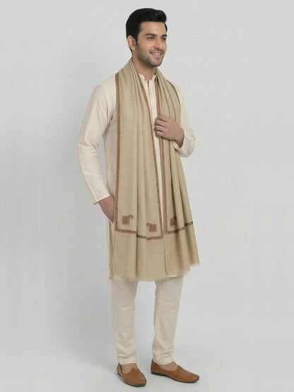 Traditional Wool Shawl for Men with Fine Needle Kashmiri Border | Beige - photo 2