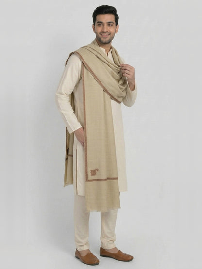 Traditional Wool Shawl for Men with Fine Needle Kashmiri Border | Beige - photo 3