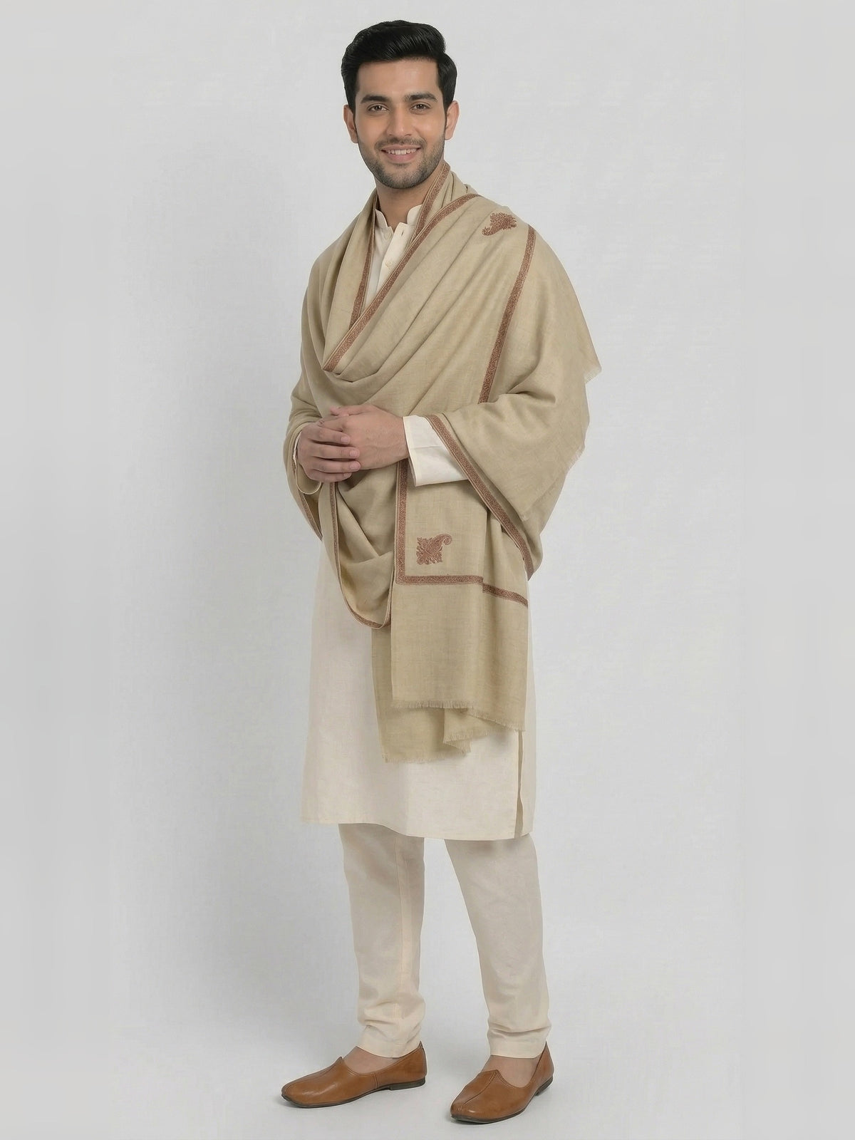 Traditional Wool Shawl for Men with Fine Needle Kashmiri Border | Beige - photo 4