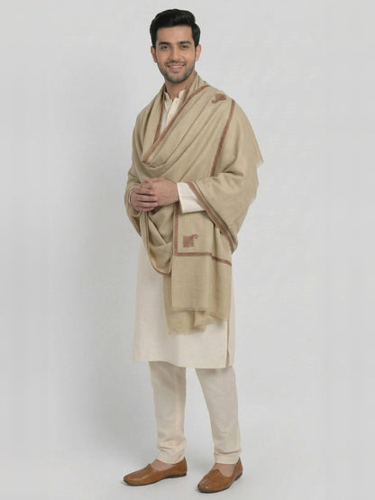 Traditional Wool Shawl for Men with Fine Needle Kashmiri Border | Beige - photo 4