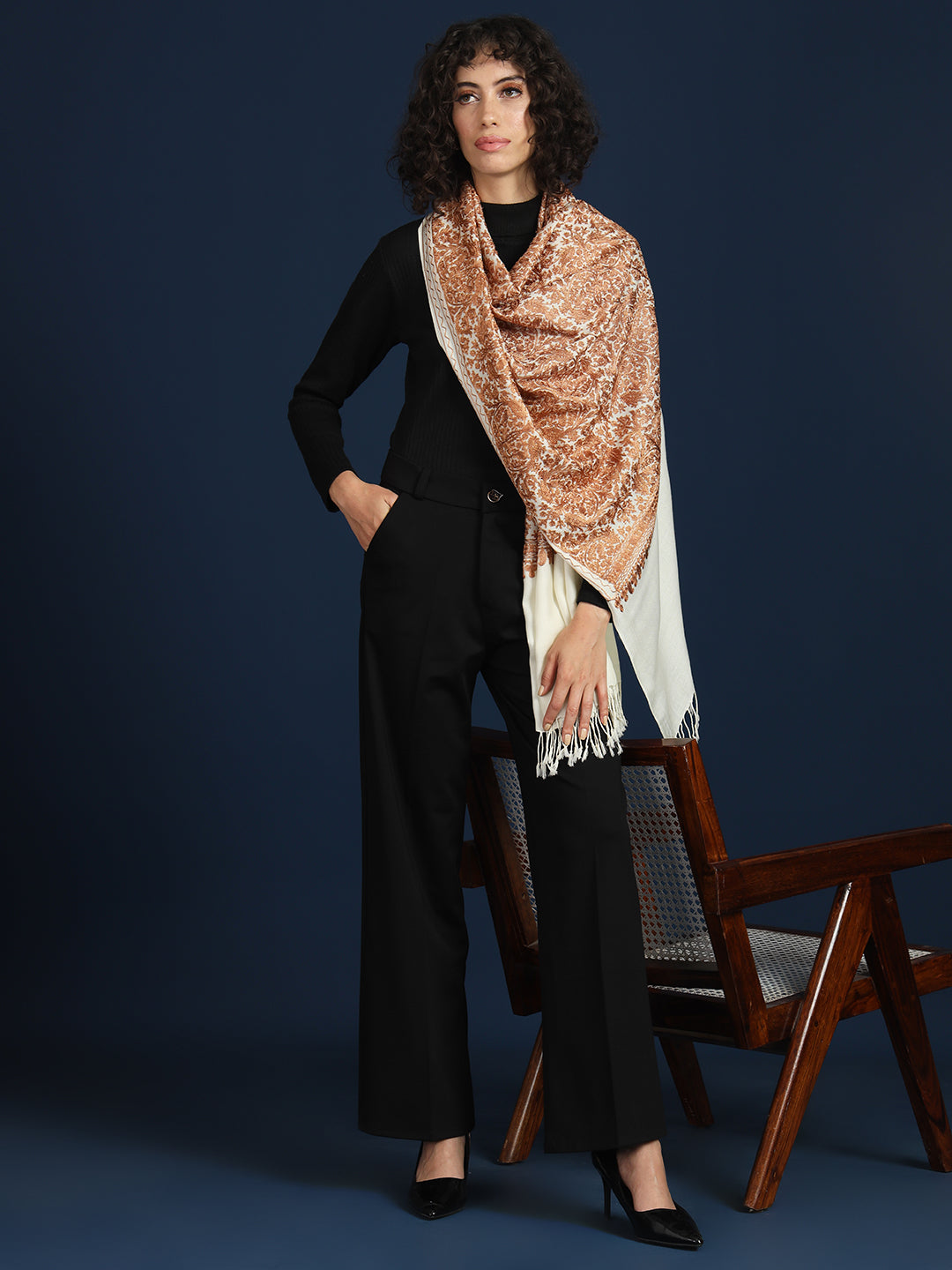 Woollen Pashmina Feel Stole in Silk Embroidery Dense Jaal for Women | White 2