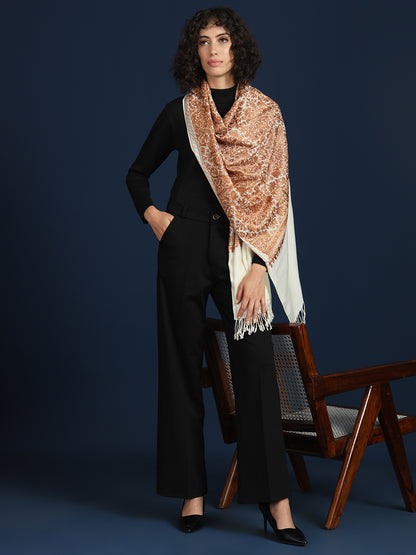Woollen Pashmina Feel Stole in Silk Embroidery Dense Jaal for Women | White 2