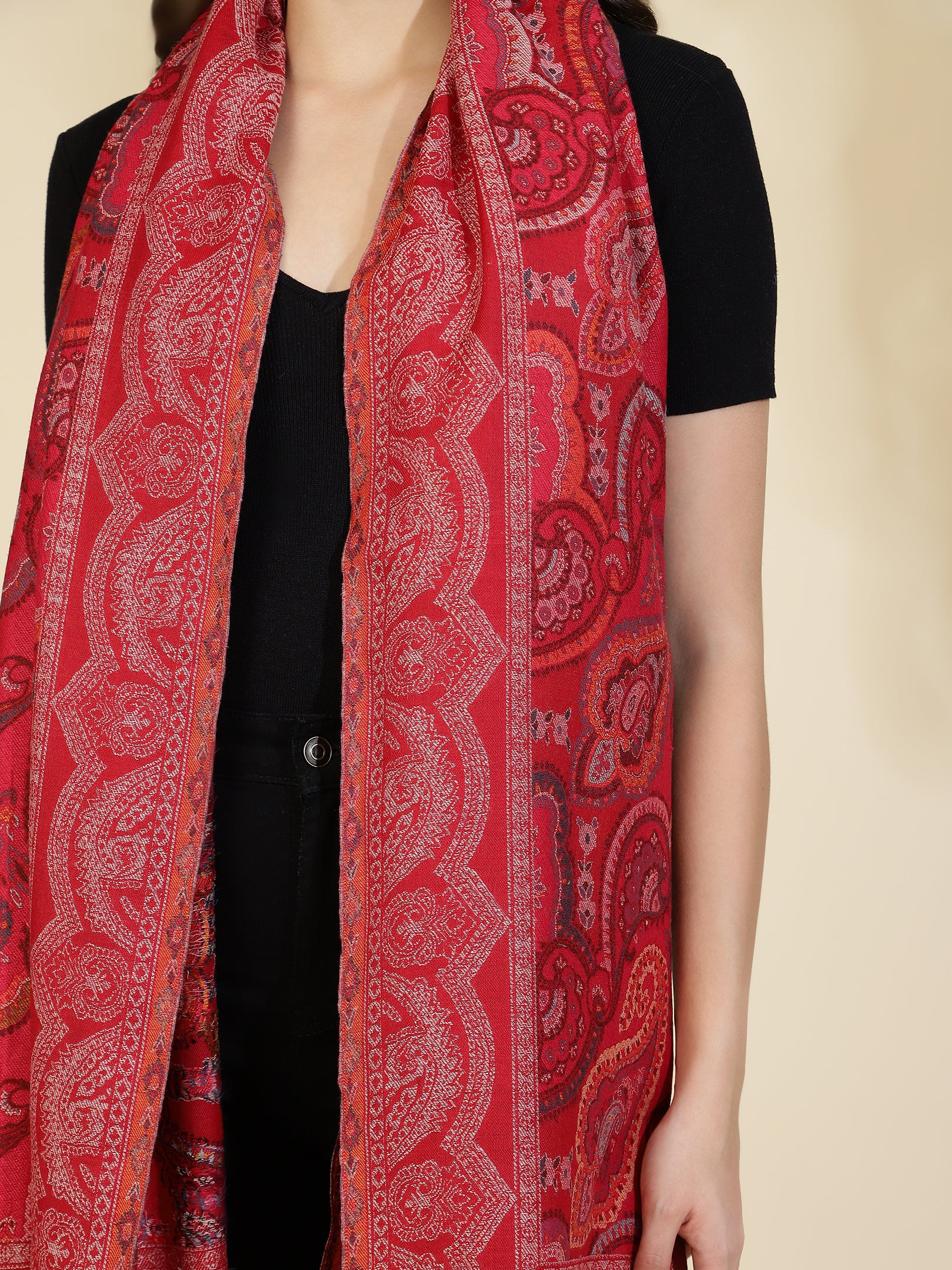 Kani Paisley Weave Pure Wool Shawl For Women | Maroon